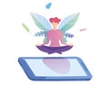 Flat girl in headphones on smartphone and meditating in lotus pose. Vector illustration