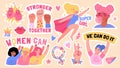 Flat girls power stickers with fists up and feminism slogans. Strong black women rights. Super girl. Feminist movement