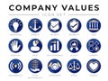 Flat Gold Company Core Values icon Set. Innovation, Stability, Security, Reliability, Legal, Sensitivity, Trust, High Standard,