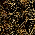 Flat gold roses flower silhouette pattern , seamless repeatable texture wallpaper on black background