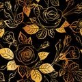 Flat gold roses flower silhouette pattern , seamless repeatable texture wallpaper on black background