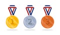 Flat gold, silver and bronze medal icon. 1st, 2nd, 3rd place award ribbon for winner. Trophy reward for competition. vector Royalty Free Stock Photo