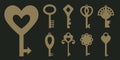 Flat golden keys collection. Vector illustration. Creative pictograms set. Hearts, flowers, ornament