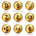 Flat golden wooden cryptocurrencies icons of zcash, dash, tron,