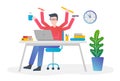 Flat gradient color design vector concept illustration. Office man with multitasking and multi skill. Male with four Royalty Free Stock Photo