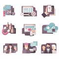 Flat gradient icons vector set in stylish colors of business people, web development, call center and seo concepts. Isolated on wh Royalty Free Stock Photo