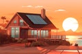 Flat graphic illustration of a lovely beach and cottage. Beautiful picture. Generative AI