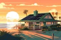 Flat graphic illustration of a lovely beach and cottage. Beautiful picture. Generative AI