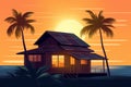 Flat graphic illustration of a lovely beach and cottage. Beautiful picture. Generative AI