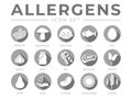 Flat Gray Allergens Icon Set. Allergens, Mushroom, Shellfish, Fish, Egg, Garlic, Milk, Soy Red Meat, Celery, Fruit, Seed, Legume Royalty Free Stock Photo