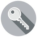 Flat gray icon of a white key with a long shadow on a circular gray background Royalty Free Stock Photo
