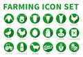 Flat Green Farming or Farm Icon Set of Sheep, Pig, Cow, Goat, Horse, Rooster, Goose, Chicken, Egg, Milk, Farmer, Concentrate,