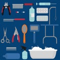 Flat grooming salon equipment set, dog haircut tools icons. Doggy groomer collection, nail clipper, cutter, Slicker and brush, com Royalty Free Stock Photo