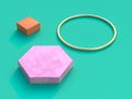 Flat ground green background pink hexagon gold circle orange square 3d rendering