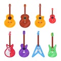 Flat guitar instrument. Ukulele, acoustic classical and rock electric guitars. String music instruments isolated vector cartoon Royalty Free Stock Photo