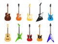 Flat guitars. Acoustic and electric guitar musical instruments. Vector isolated set Royalty Free Stock Photo