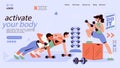 Flat gym and exercise landing page template Vector illustration. Royalty Free Stock Photo