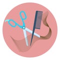 Flat hairdressing icon with scissors, comb, hair