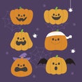 Flat halloween pumpkins set Vector illustration. Royalty Free Stock Photo