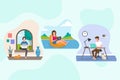 Flat-hand drawn remote working scenes Vector illustration2. Royalty Free Stock Photo