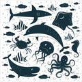 Flat hand drawn sea life elements set, underwater animals silhouettes: fish, octopus, shark, whale, dolphin, squid, seahorse,