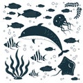 Flat hand drawn sea underwater animals silhouettes set, fish, whale, dolphin, squid, seahorse, stingray, crab and water bubbles.