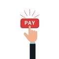 Flat hand forefinger click on red pay button isolated on white background. Design element for mobile payment app, add to cart
