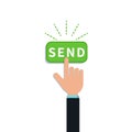 Flat hand forefinger push on green send button isolated on white background. Design element for online payment app, shopping Royalty Free Stock Photo