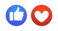 Flat hand and heart, signs of reaction in social networks. Dislike and emoticon, round blue symbol thumbs up, red icon with heart Royalty Free Stock Photo