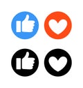 Flat hand and heart, signs of reaction in social networks. Dislike emoticon, round blue symbol thumbs up, red icon with Royalty Free Stock Photo