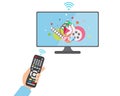 Flat Hand Holding Remote Control to Smart TV Royalty Free Stock Photo