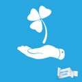 Flat hand presenting Clover with three leaves sign icon. on a bl