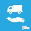 Flat hand presenting delivery truck icon Royalty Free Stock Photo