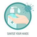 Hand sanitizer bottle icon badge, round sticker with a droplet of liquid soap or gel on hand for prevention against corona virus. Royalty Free Stock Photo