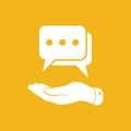 flat hand showing chat icon on yellow background Royalty Free Stock Photo