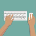 Flat Hands typing on white keyboard with mouse