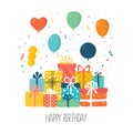 Flat happy Birthday festive background with balloons, confetti, gifts. Party and celebration design elements Royalty Free Stock Photo