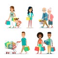 Flat Happy family shopping people with purchases b Royalty Free Stock Photo