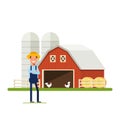Flat Happy Farmer standing next to a farm. Barn with chickens and hay. A man in a straw hat against the backdrop of