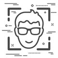 Flat happy head of man with glasses icon on a white background with lines