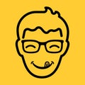 Flat happy head of man with smile, tongue and sunglasses on yellow background