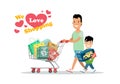 Flat Happy parent child purchases cart . Sho