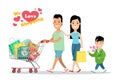 Flat Happy parents child purchases cart . Sh