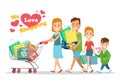 Flat Happy parents children purchases cart . Royalty Free Stock Photo