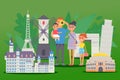 Flat happy people family traveling in europe, vector illustration. Parents with children near attractions, castle Royalty Free Stock Photo