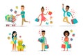 Flat Happy people purchases cart set. Shopp Royalty Free Stock Photo