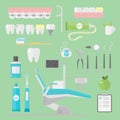 Flat health care dentist symbols research medical tools healthcare system concept and medicine instrument hygiene