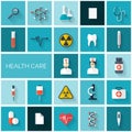 Flat health care and medical research icon set. Healthcare system concept. Medicine and chemical engineering. First ai Royalty Free Stock Photo