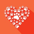 Flat heart with pet paws silhouette . Vector