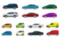 Flat high quality city transport car icon set. Sedan, van, cargo truck, off-road. Urban public and freight transport for